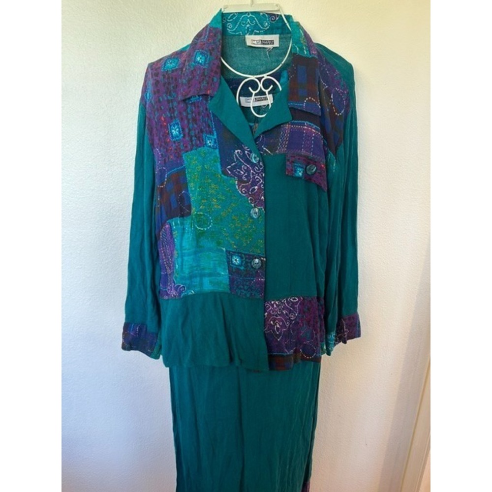 VTG CM Shapes Dress Jacket Set Women Teal Blue Patchwork Embroidered Maxi 2pc M